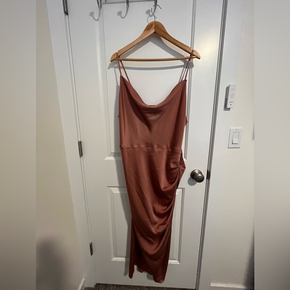 XXL Stretch Satin Amazon Rouche Dress Rose worn 1x